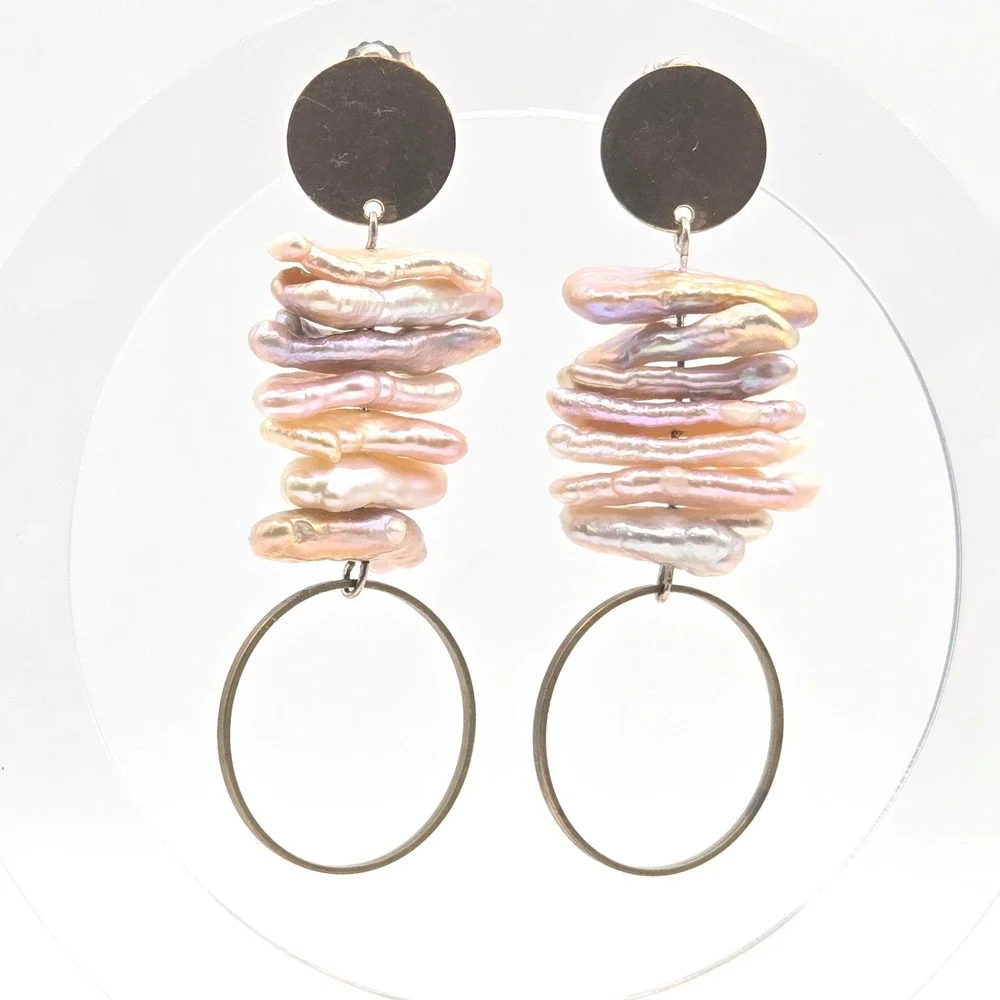 Biwa Freshwater‎ Stick Pearl Stacked Drop Earrings Brass Hoops Modern Artisan